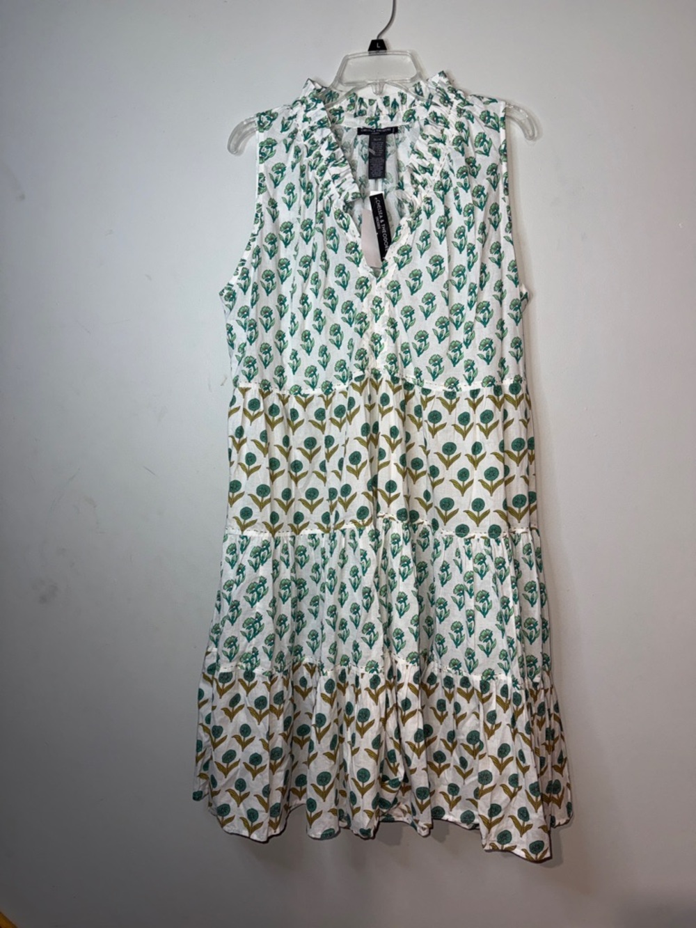 Chelsea & Theodore White Midi Dress with Green and Gold Floral Motif